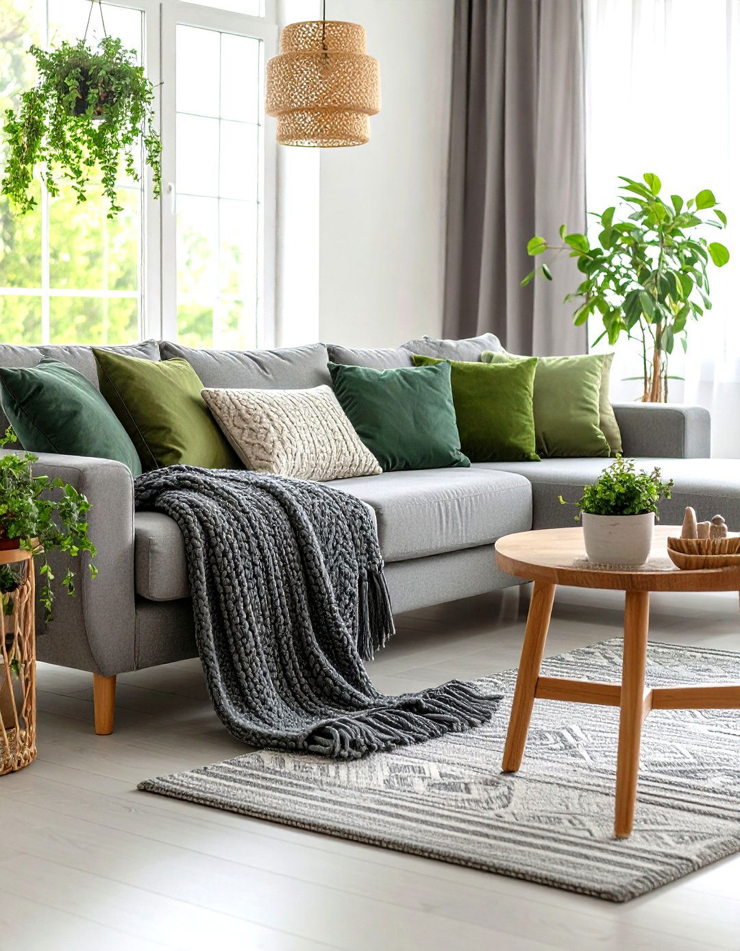 Textured Green Cushions on a Cloud Grey Sectional - 20 Green and Grey Living Room Ideas