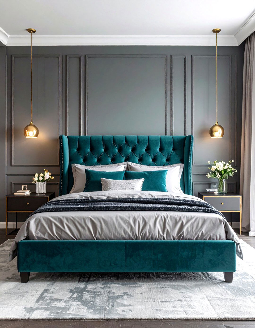 Textured Grey Walls with Teal Velvet Throw - 20 Teal and Grey Bedroom Ideas