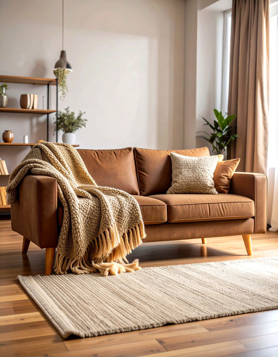 Textured Neutral Throws - 20 Dark Brown Couch Living Room Ideas