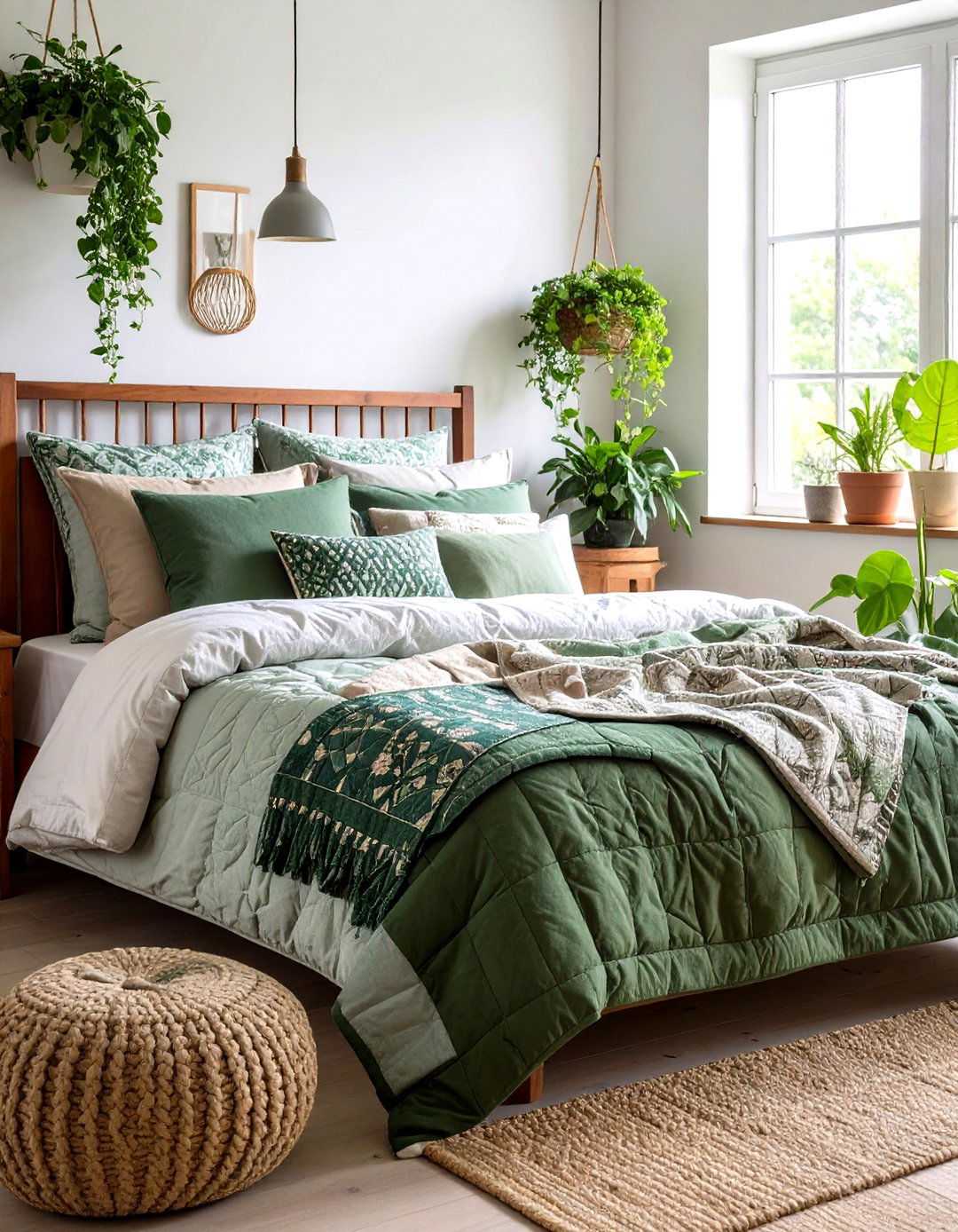 Textured Quilts and Kanthas Invite Cozy Layering - 20 Green Boho Bedroom Ideas