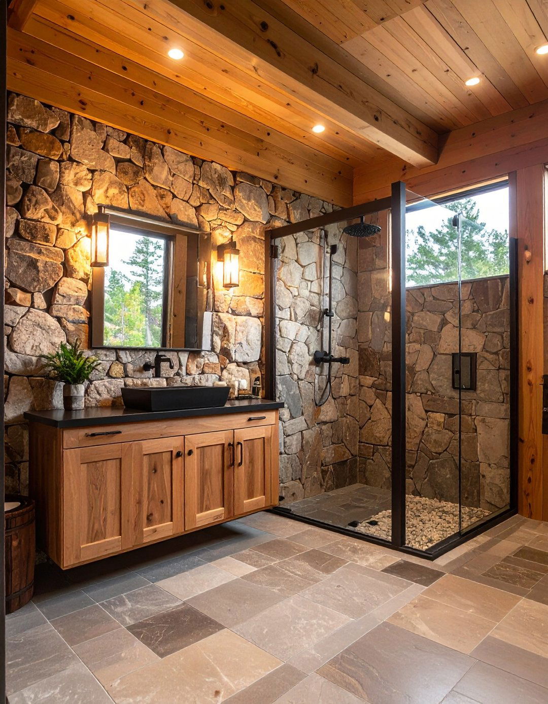 Textured Rough Stone Walls - 20 Rustic Walk-in Shower Ideas