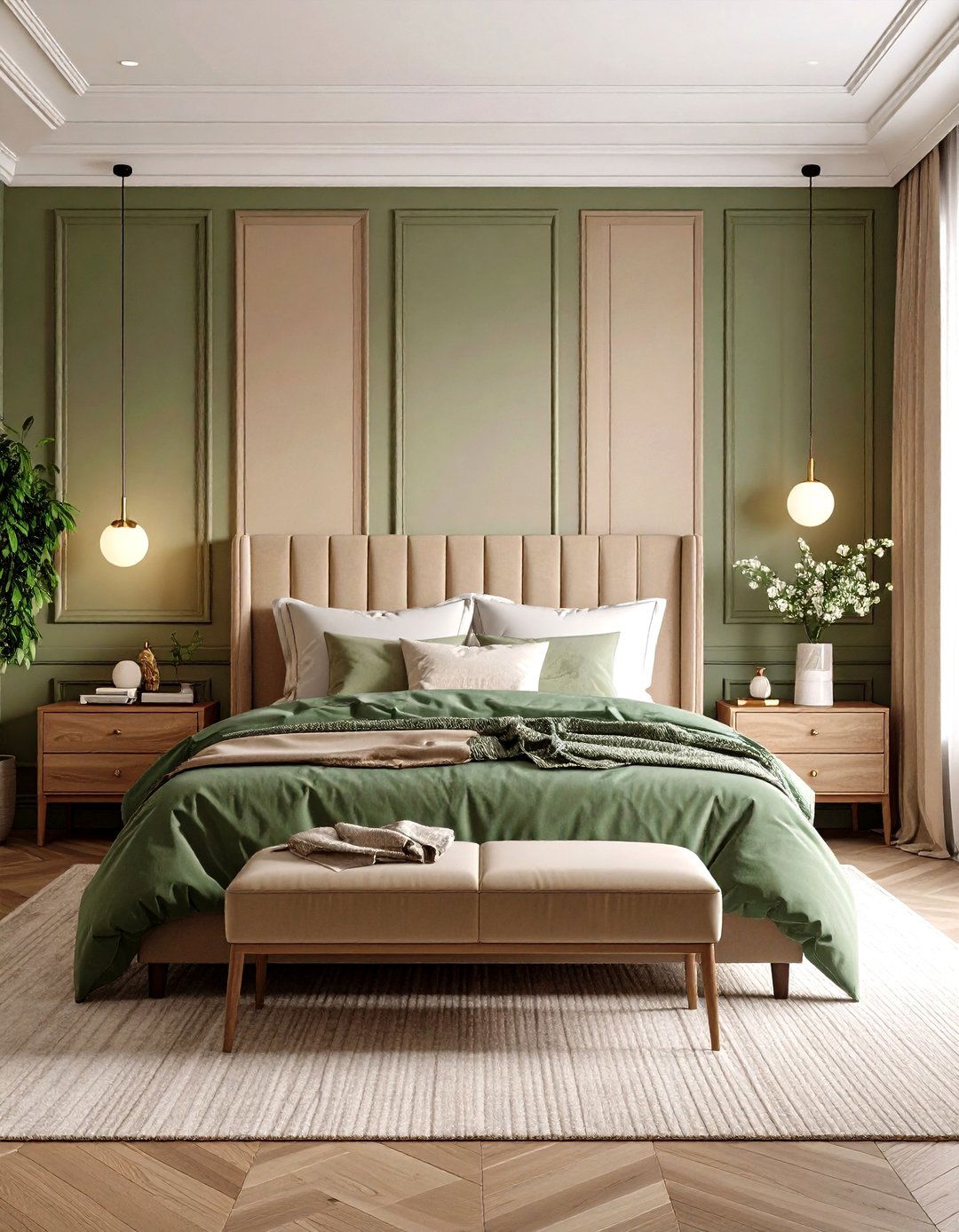 Textured Wall Panels in Green and Beige Bedrooms - 20 Green and Beige Bedroom Ideas