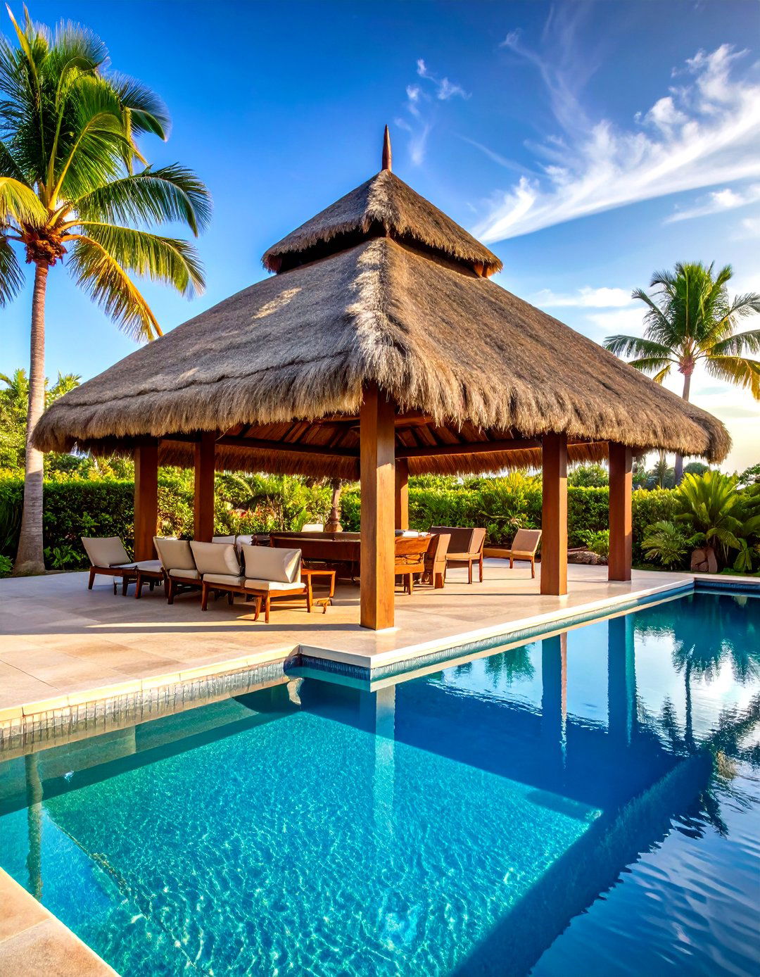 Thatched Roof Pavilion and Pergola - 20 Tropical Pool Landscaping Ideas