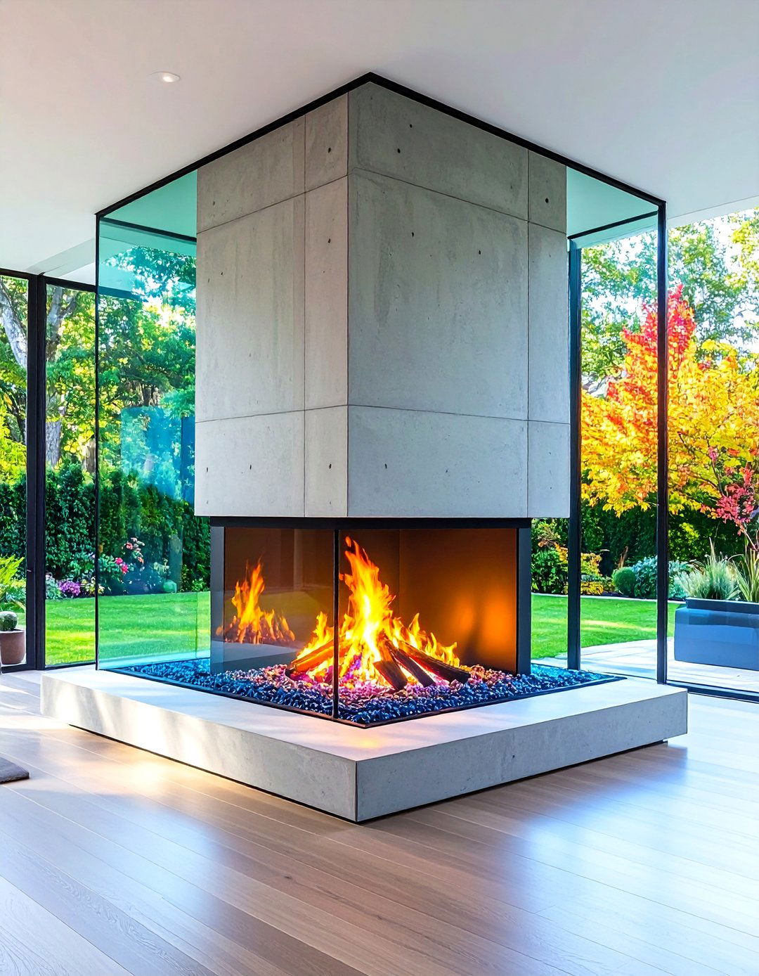 Three Sided Fireplace with Artistic Concrete Surrounds - 20 3 Sided Fireplace Ideas