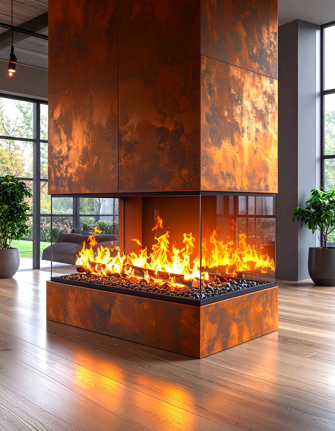 Three Sided Fireplace with Industrial Metal Finishes - 20 3 Sided Fireplace Ideas