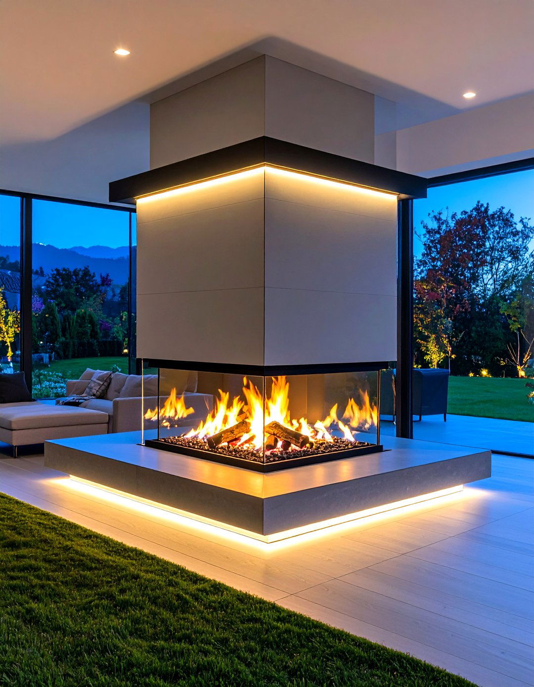 Three Sided Fireplace with Integrated Lighting Design - 20 3 Sided Fireplace Ideas