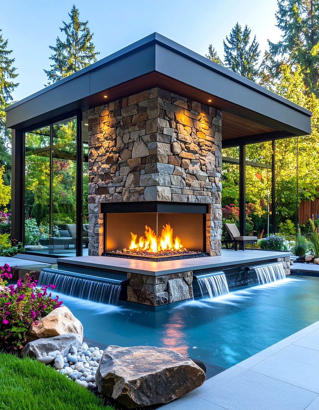 Three Sided Fireplace with Natural Stone Waterfall Feature - 20 3 Sided Fireplace Ideas
