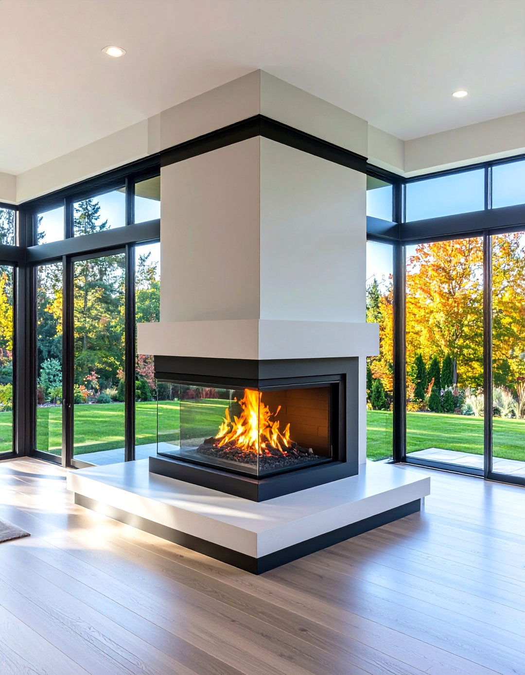 Three Sided Fireplace with Panoramic Viewing Experience - 20 3 Sided Fireplace Ideas
