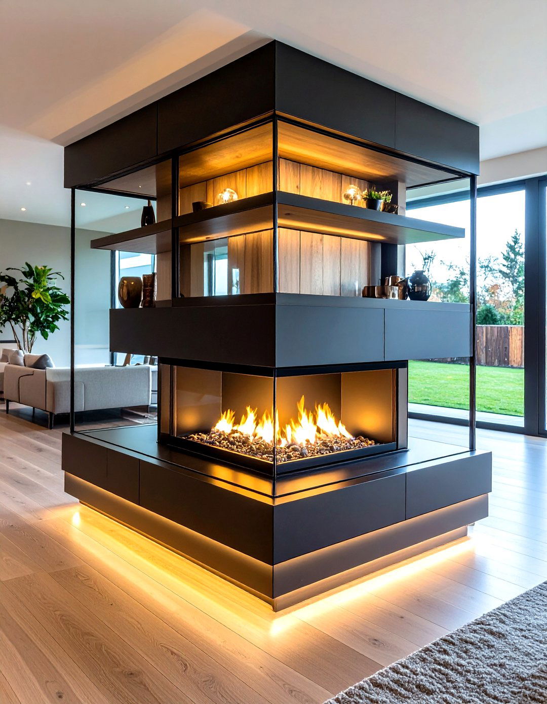 Three Sided Fireplace with Two Tone Material Combinations - 20 3 Sided Fireplace Ideas