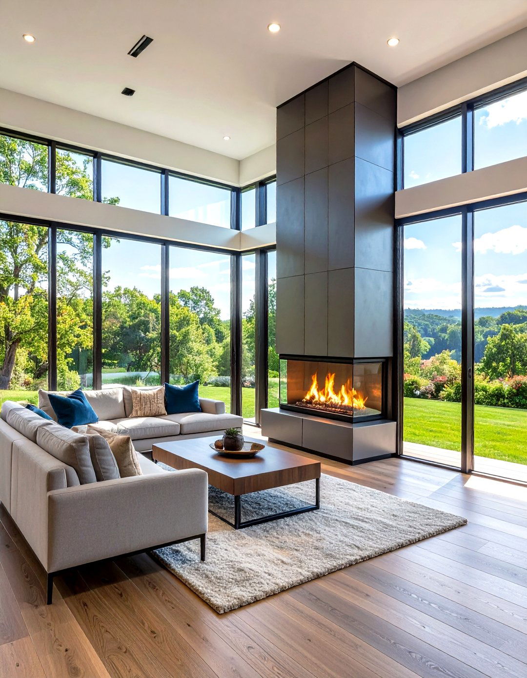 Three Sided Modern Fireplace with Peninsula Style - 20 Modern Fireplace Ideas