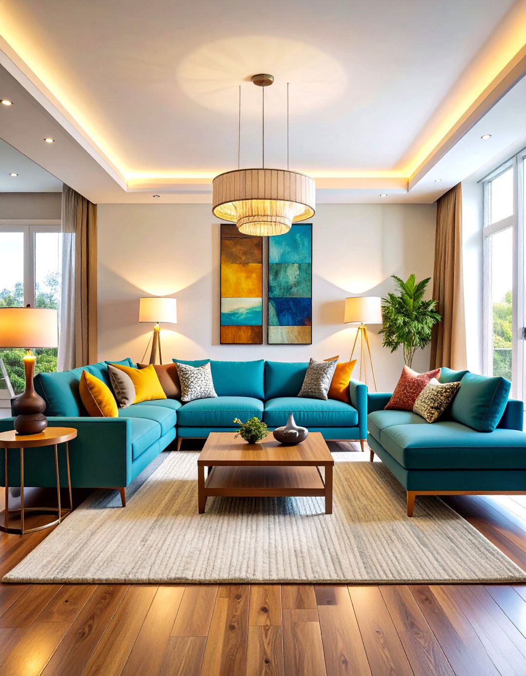 Three Tier Lighting Balances a Grey and White Living Room - 20 Grey and White Living Room Ideas