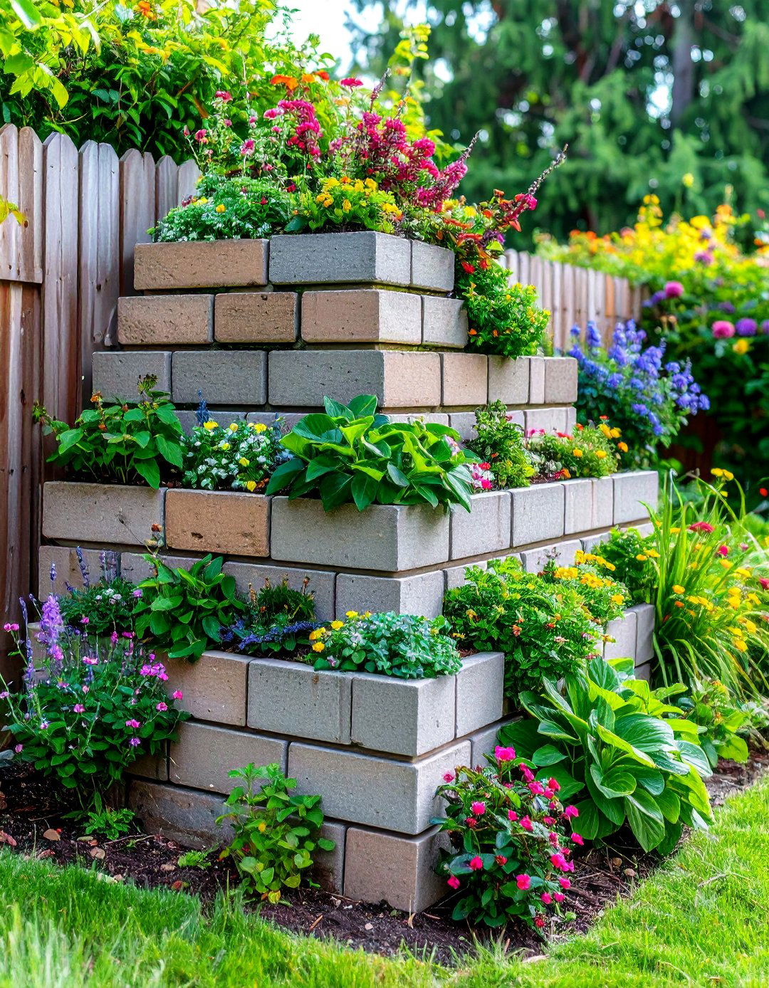 Tiered Cinder Block Fence Garden Border - 20 Cinder Block Fence Ideas