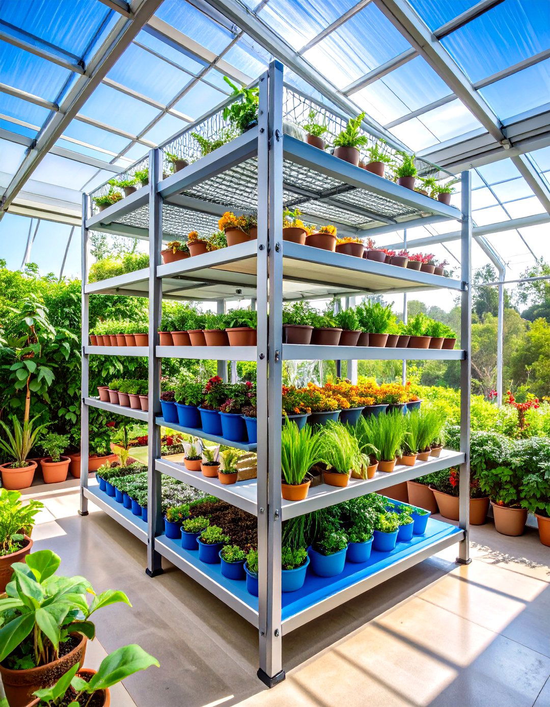 Tiered Corner Greenhouse Shelving to Exploit Dead Zones - 20 Greenhouse Shelving Ideas