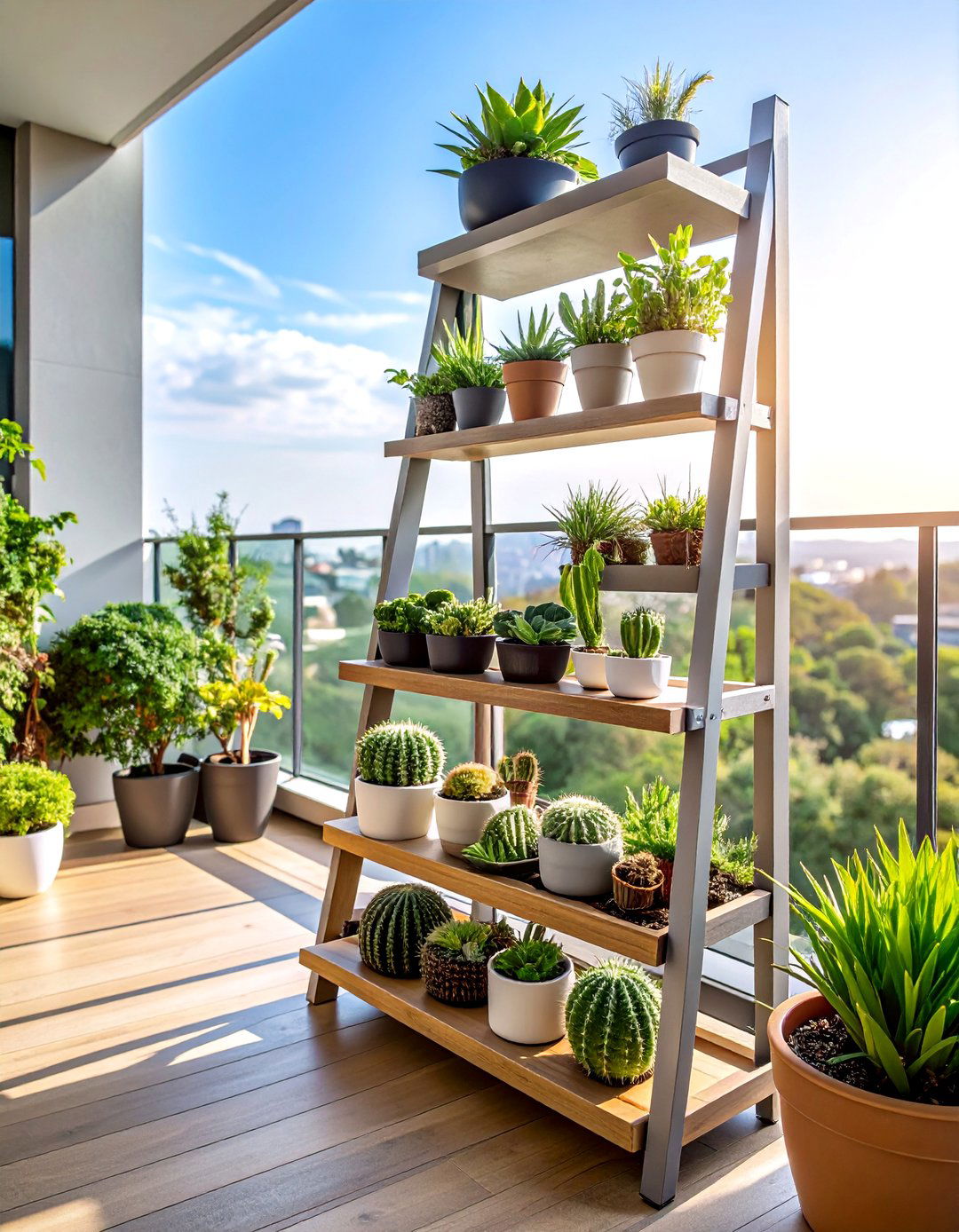 Tiered Shelf Balcony Cactus Garden - 20 Cactus Garden Ideas