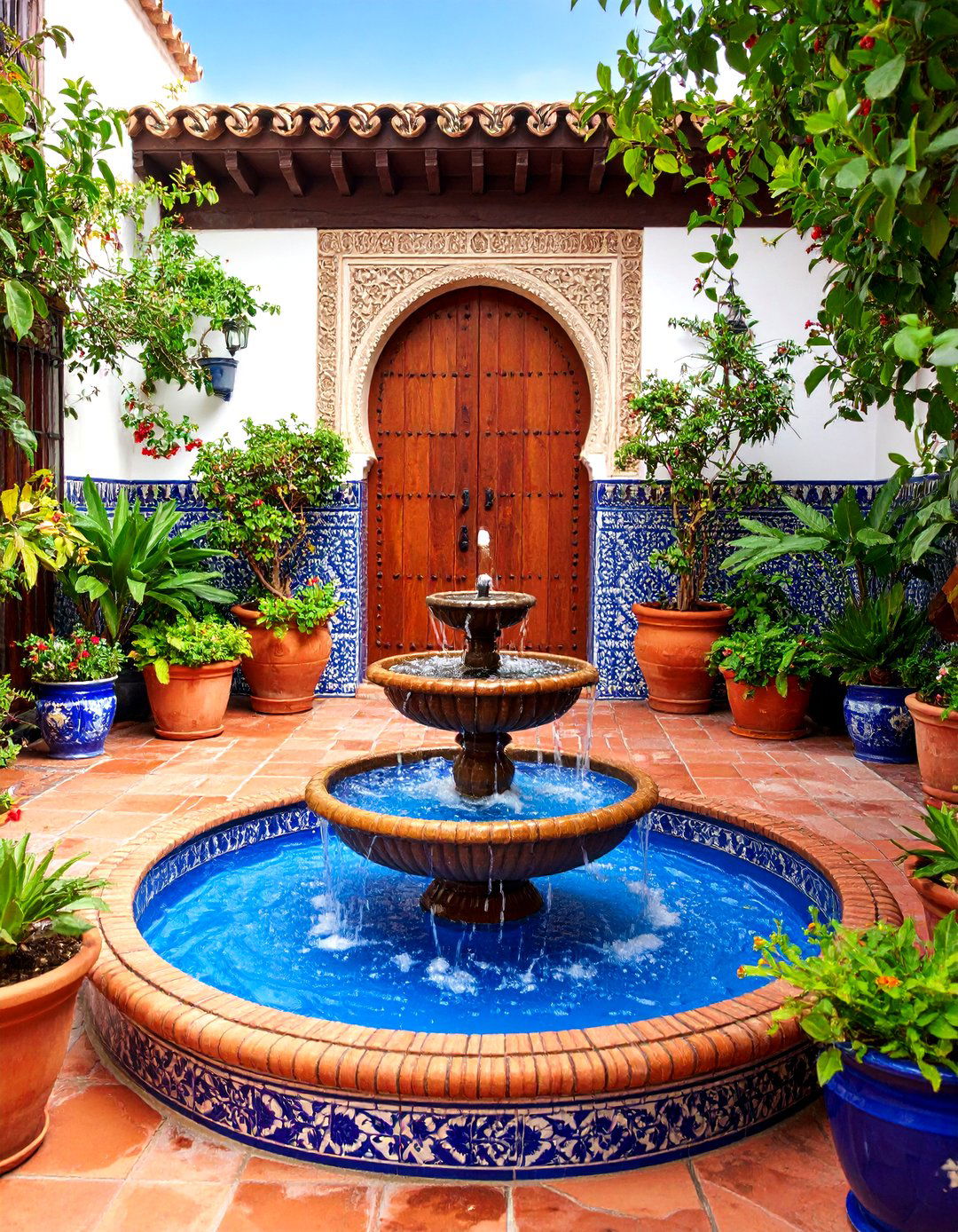 Tile Clad Central Fountains in Spanish Style Home Exteriors - 20 spanish style home exterior ideas