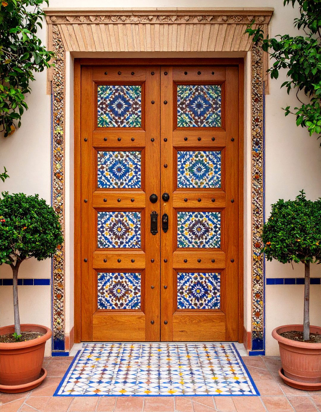 Tile Mosaic Inlays in Door Panels - 20 Spanish Style Front Door Ideas