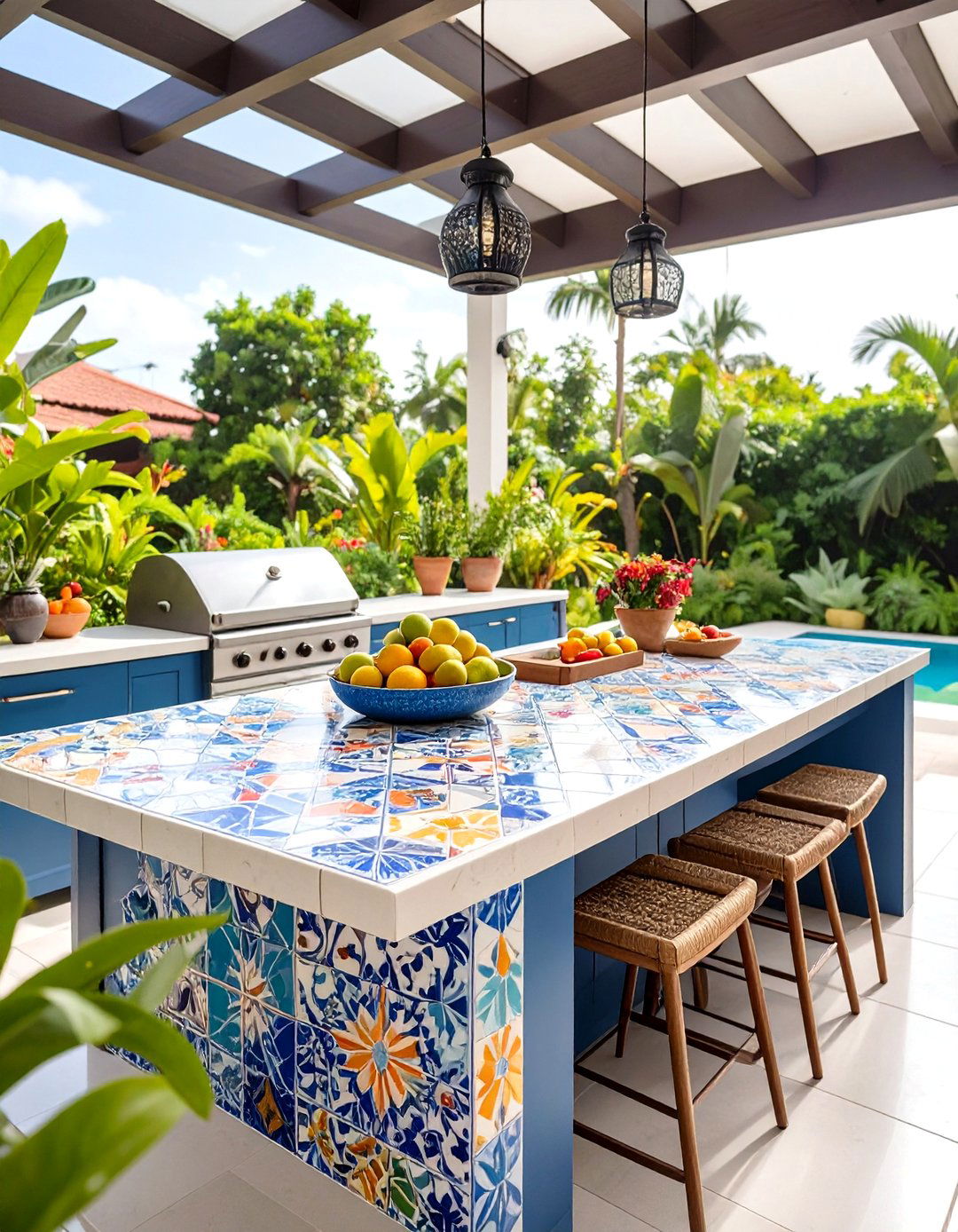 Tile Mosaic Outdoor Kitchen Countertop for Artistic Expression - 20 Outdoor Kitchen Countertop Ideas