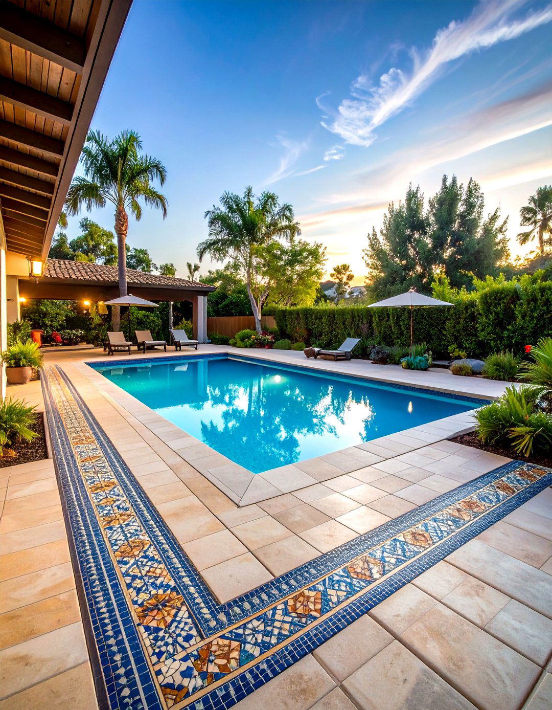 Tile Pool Walkway with Mosaic Accent Borders - 20 Pool Walkway Ideas