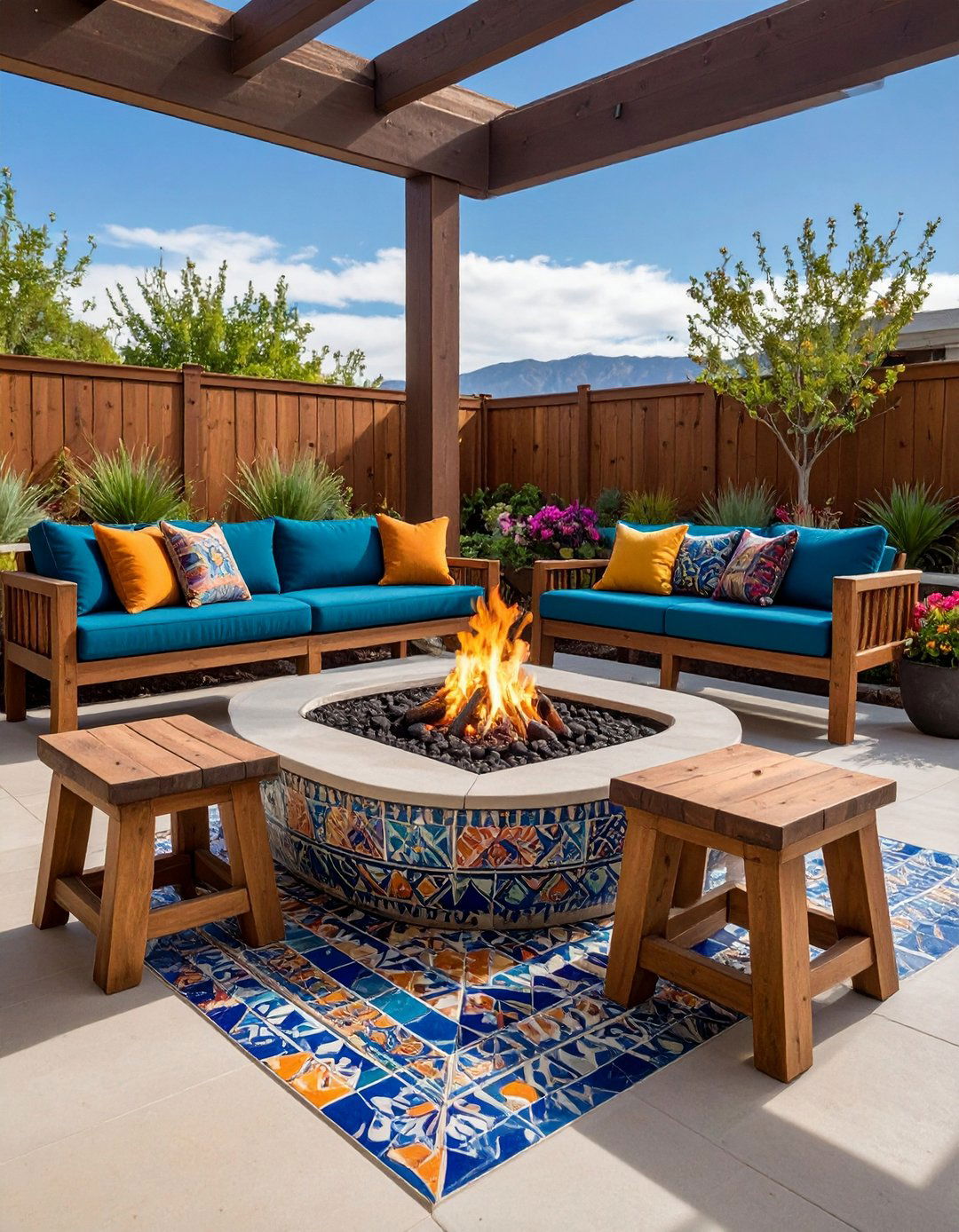 Tile a Color Pop Fire Pit Zone - 20 Boho Garden Ideas