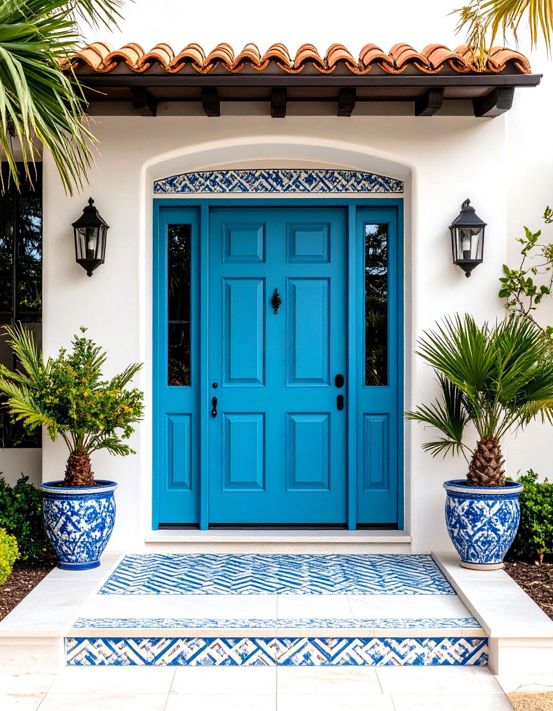 Tiled Surround Enhancing a Turquoise Door - 20 Turquoise Front Door Ideas
