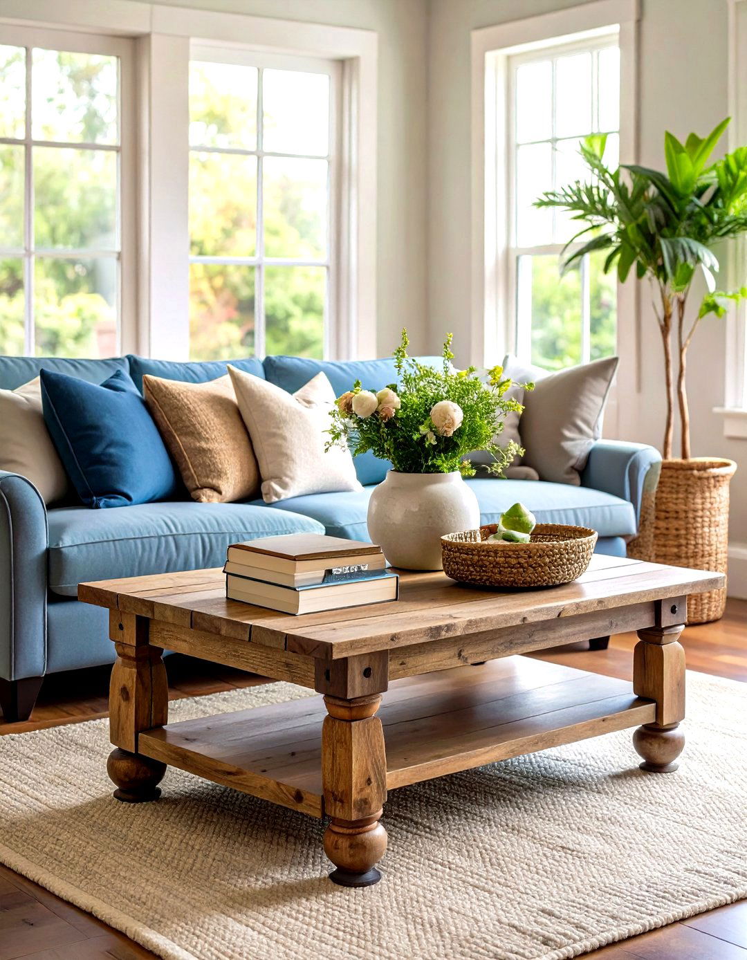 Timber Coffee Tables Anchor the Hamptons Living Room - 20 Hamptons Living Room Ideas