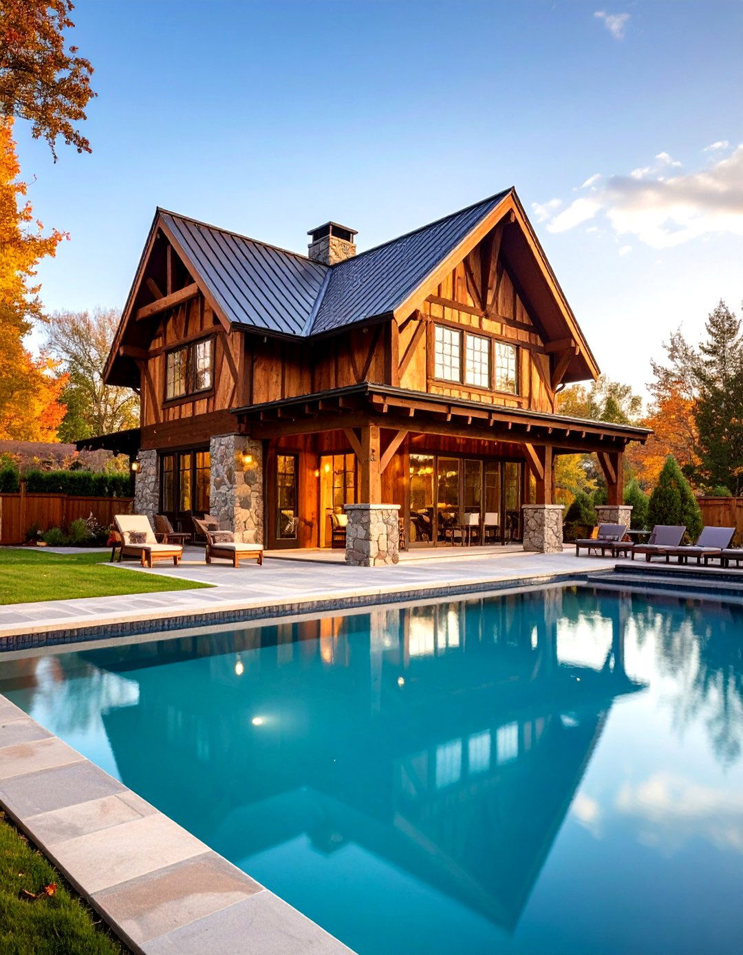 Timber Frame Rustic Pool House with Stone Foundation - 20 Rustic Pool House Ideas