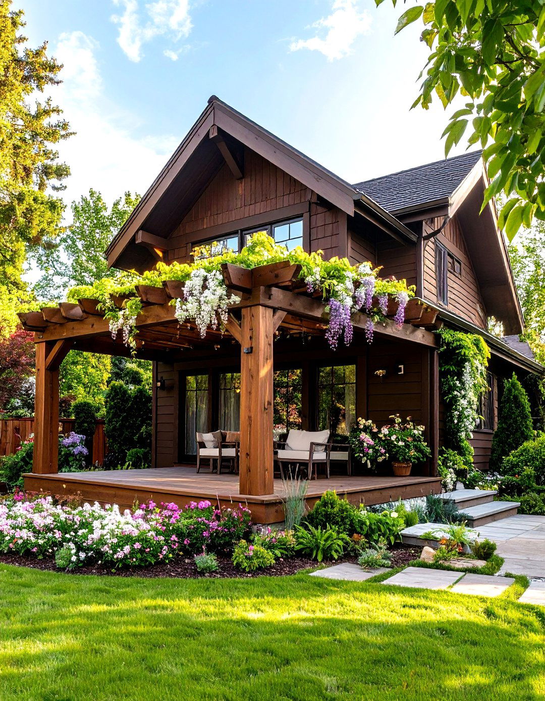 Timber Pergola Complements a Dark Brown House Exterior - 20 Dark Brown House Exterior Ideas