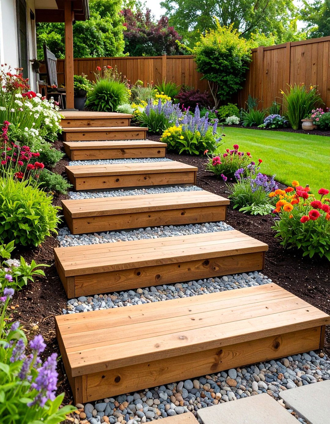 Timber Sleeper Patio Steps with Gravel Infill - 20 Patio Steps Ideas