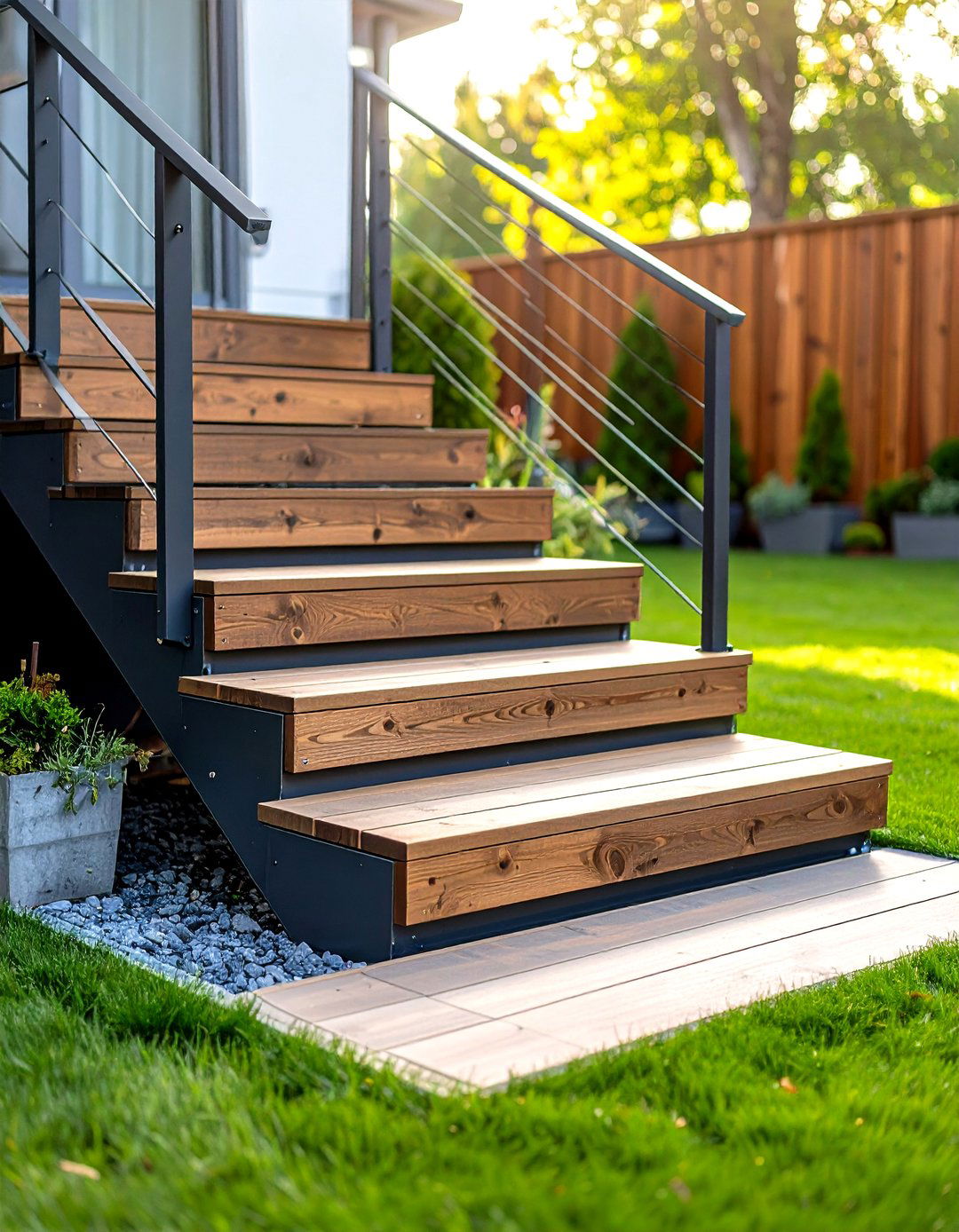 Timber and Steel Hybrid Deck Steps Balancing Strength and Warmth - 20 Deck Steps Ideas