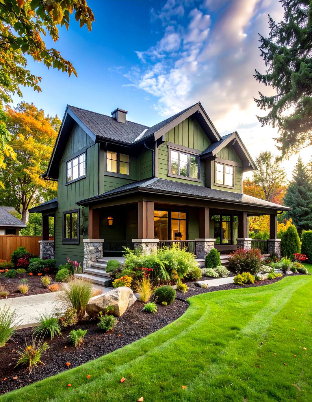 Timeless Curb Appeal Dark Olive Green House with Jet Black Accents - 20 Dark Olive Green House With Black Trim