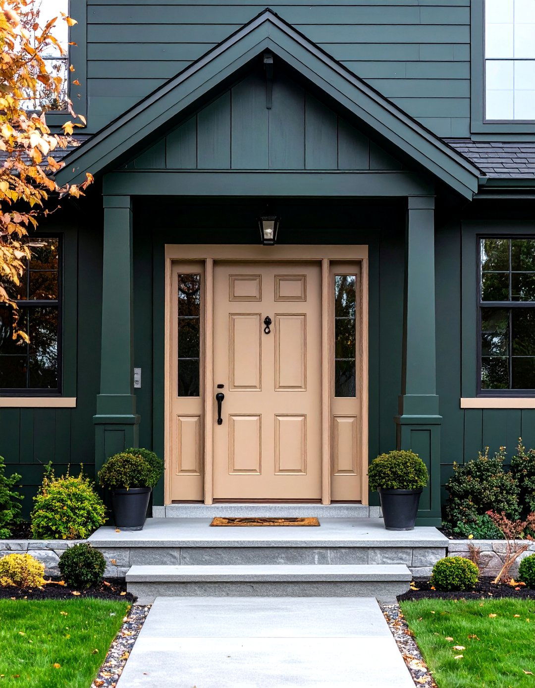 Timeless Dark Green Exterior with Neutral Front Door - 20 Dark Green Exterior Ideas