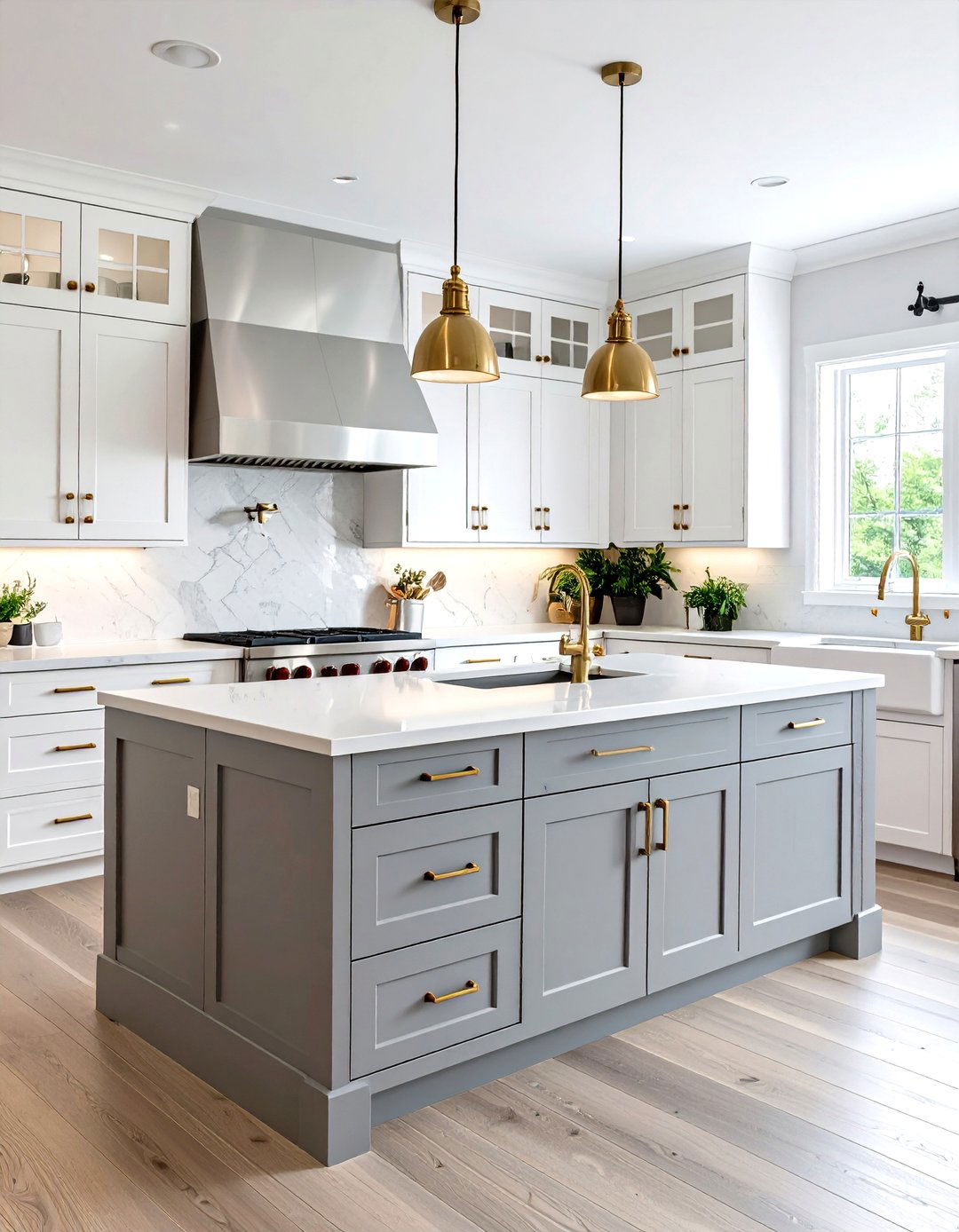 Timeless White Kitchen Cabinets with Grey Island and Mixed Metals - 20 White Kitchen Cabinets With Grey Island Ideas
