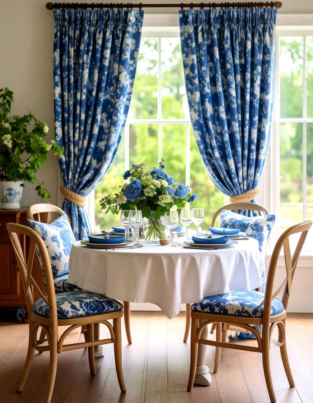 Toile Curtains and Cushions Bring Classic Pattern - 20 French Country Dining Room Ideas