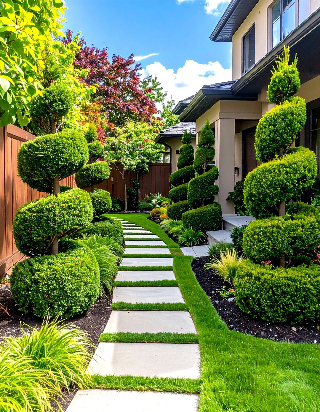 Topiary Guardians at the Pathway - 20 Front Yard Evergreen Landscaping Ideas