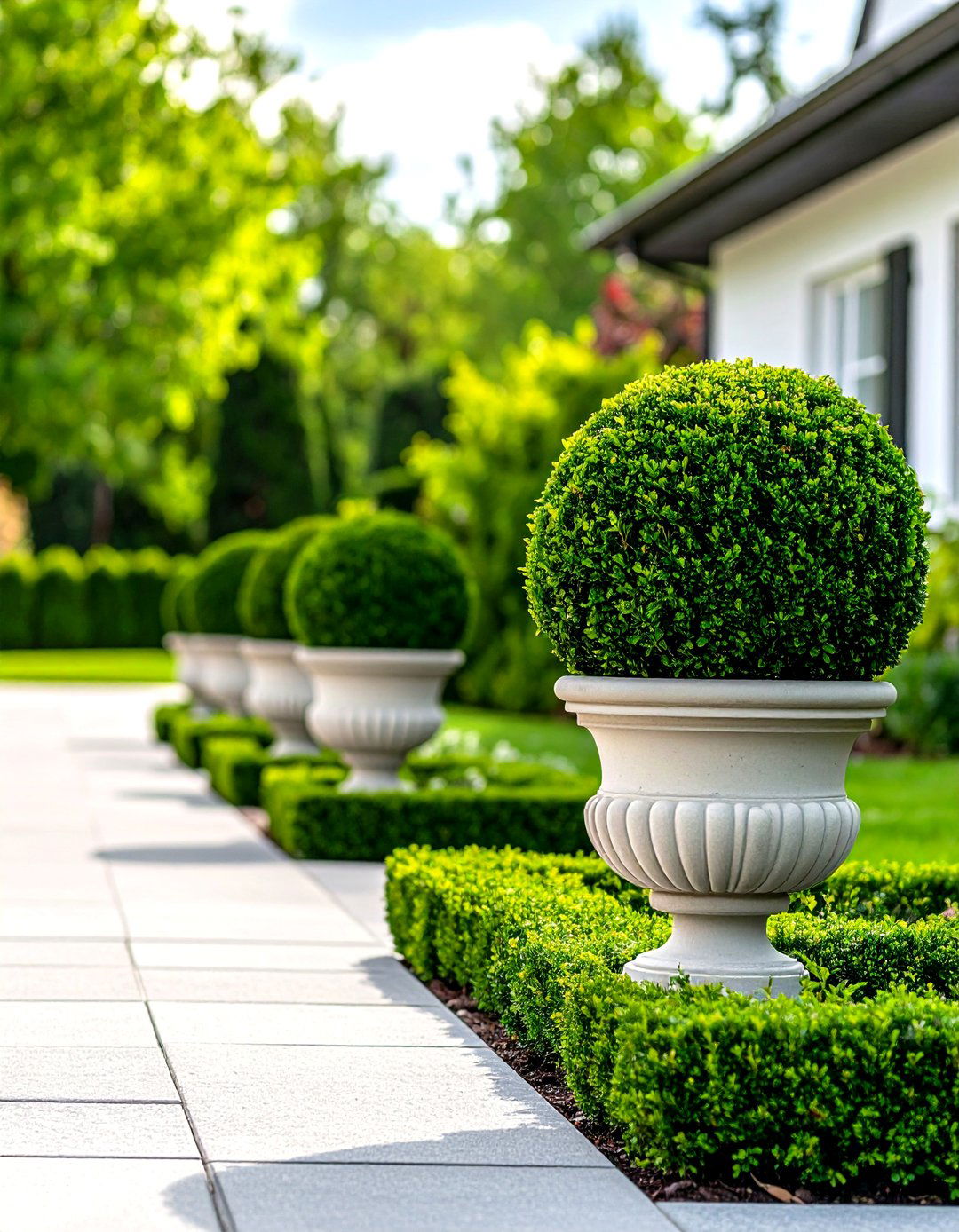 Topiary Urns Bookending the Driveway - 20 Driveway Landscape Ideas