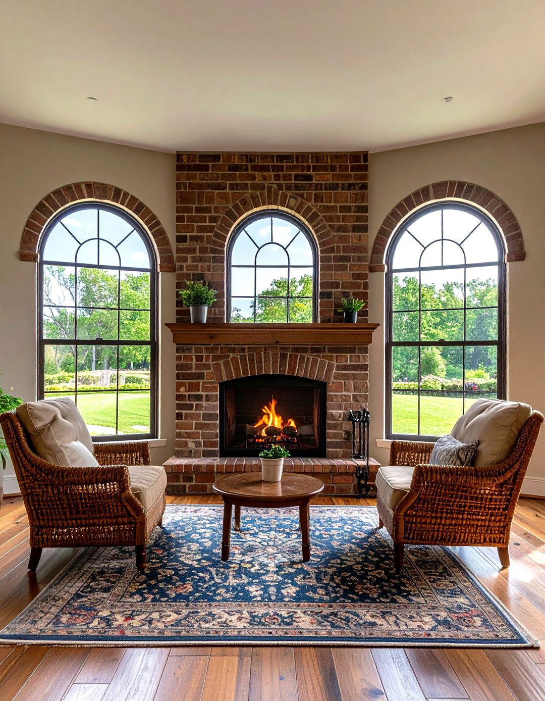 Traditional Brick Fireplace with Arched Windows - 20 Fireplace Between Windows Ideas