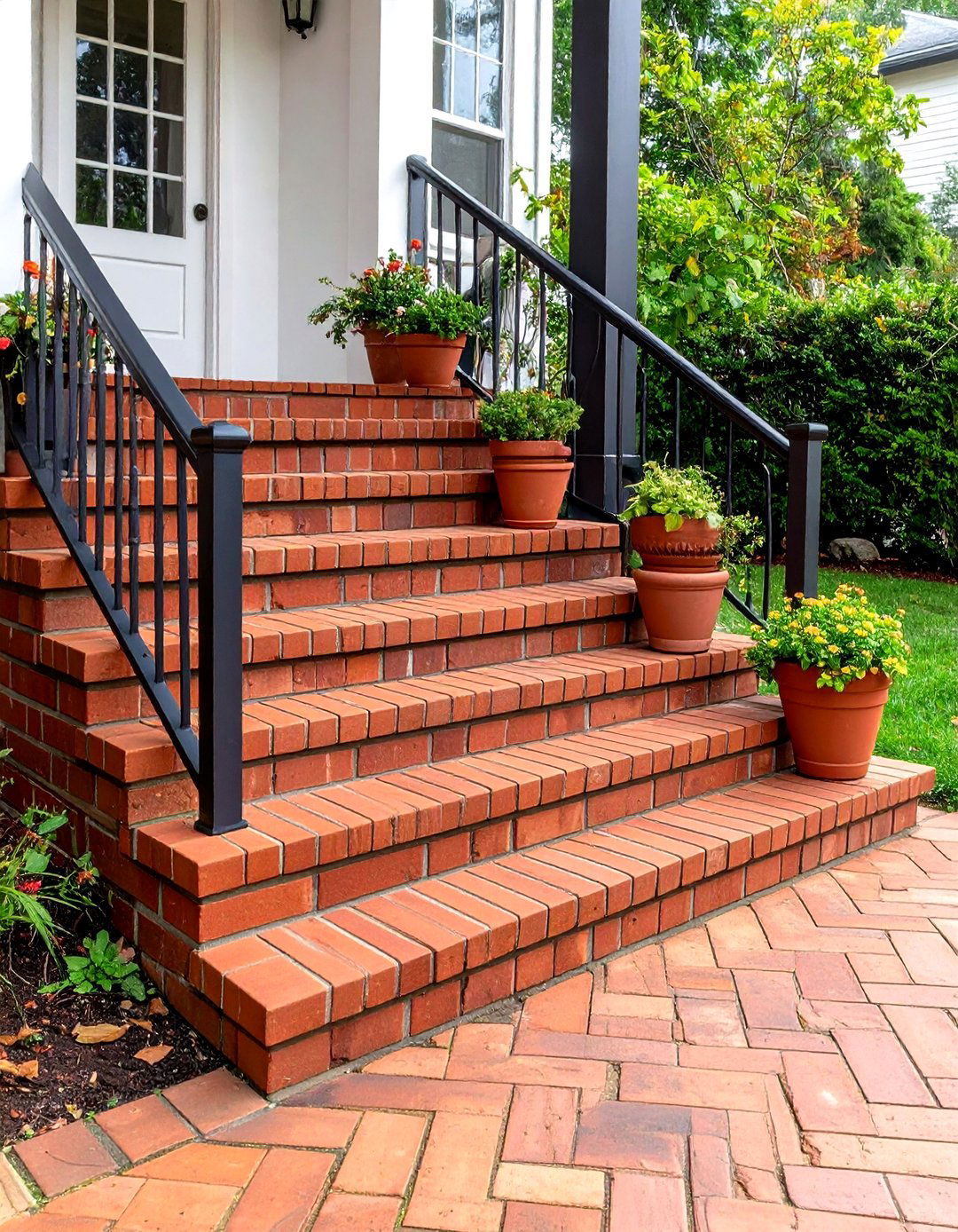 Traditional Brick Patio Steps with Herringbone Pattern - 20 Patio Steps Ideas
