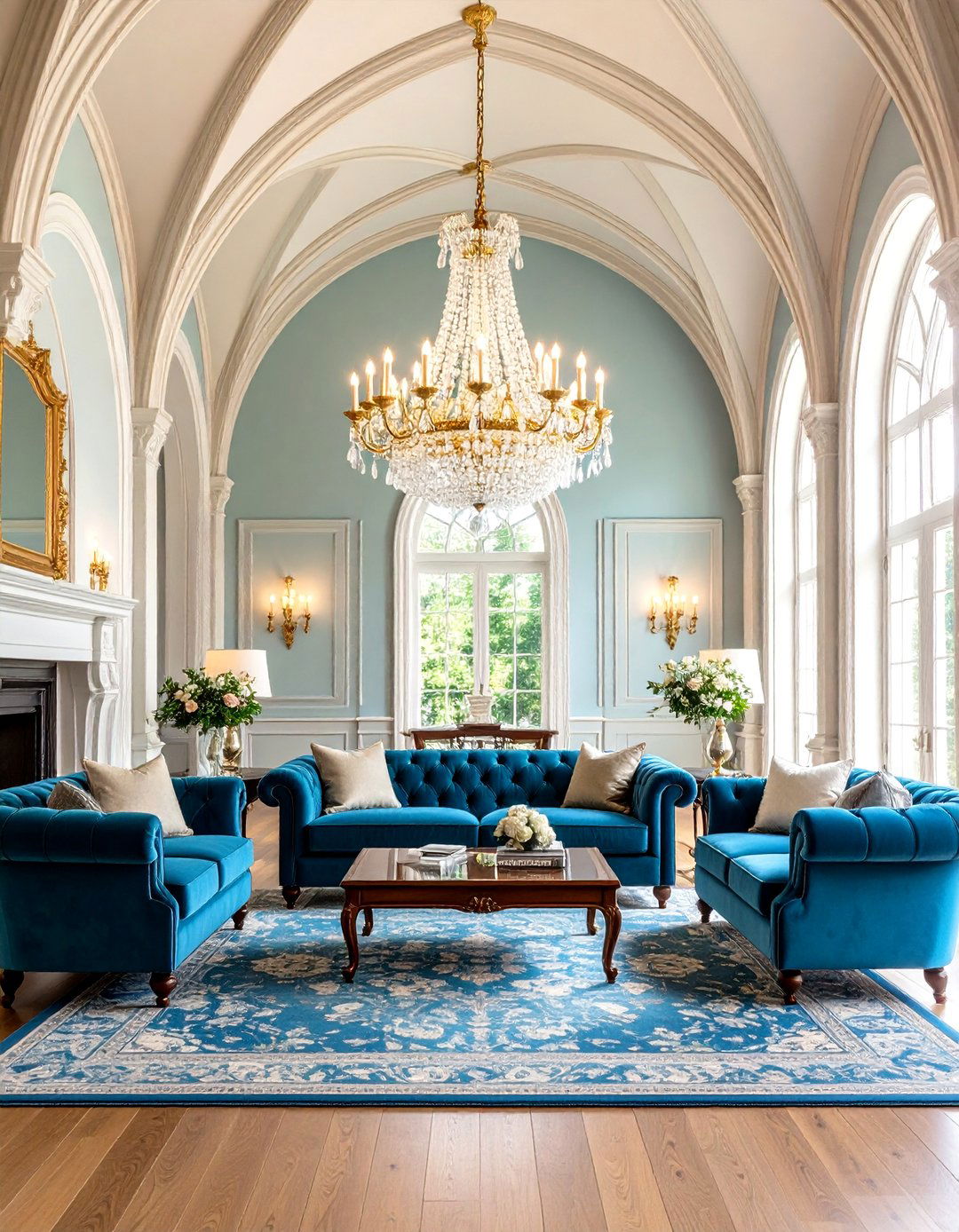 Traditional Cathedral Living Room Vaulted Ceiling with Grand Chandelier - 20 Living Room Vaulted Ceiling Ideas