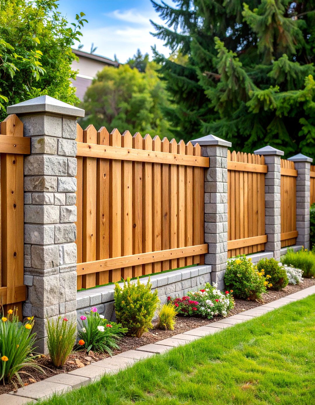 Traditional Cinder Block Fence with x Wood Rails - 20 Cinder Block Fence Ideas