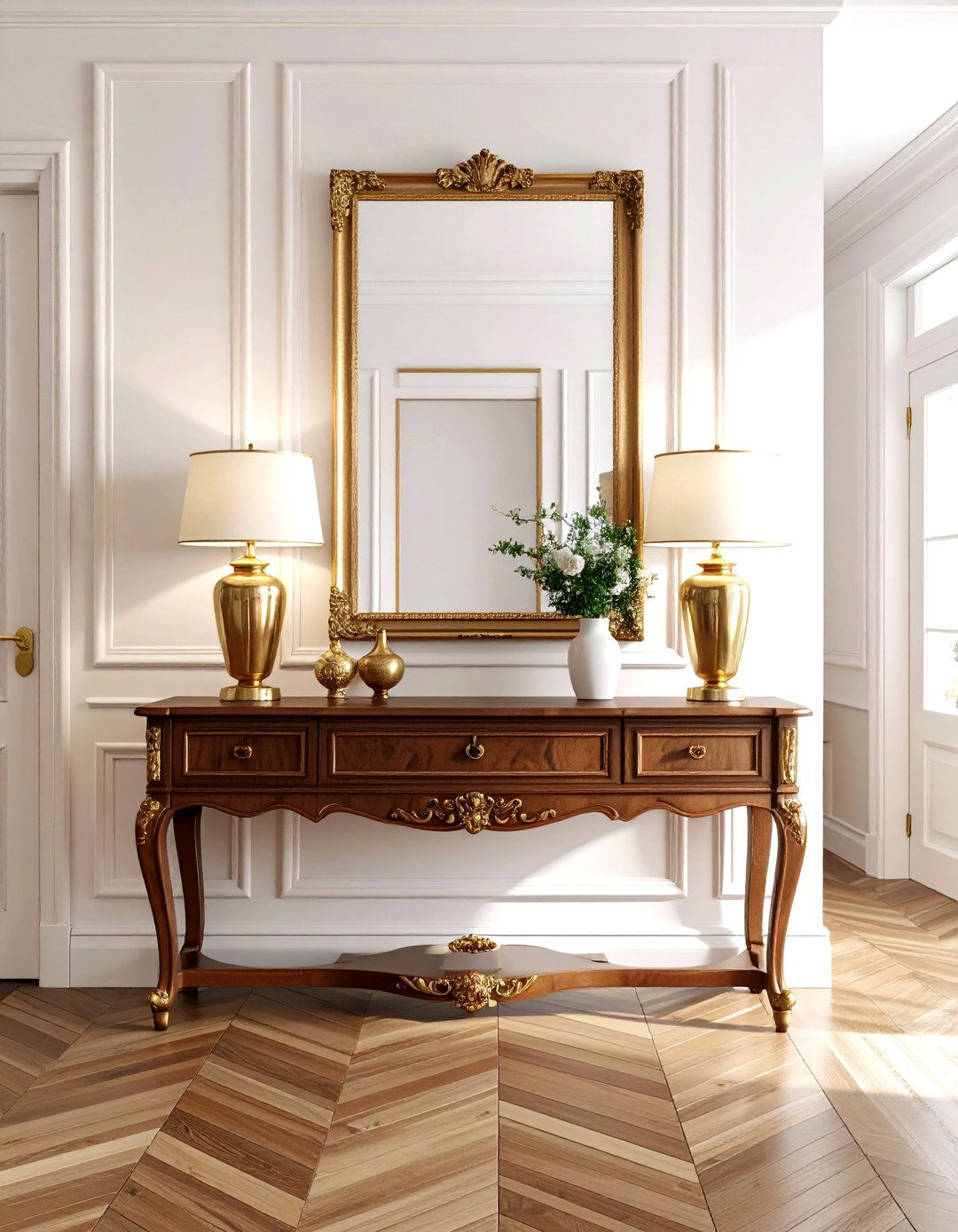 Traditional Console Table with Symmetrical Lamp Arrangement - 20 Console Table Decor Ideas