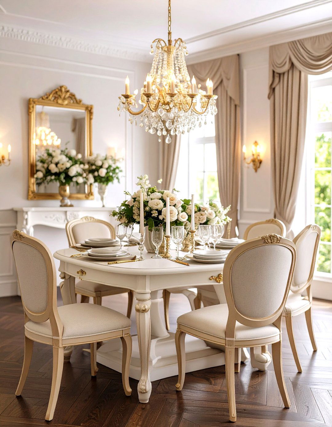Traditional Dark Wood Floor Dining Room with Light Furniture Contrast - 20 dark wood floor dining room ideas