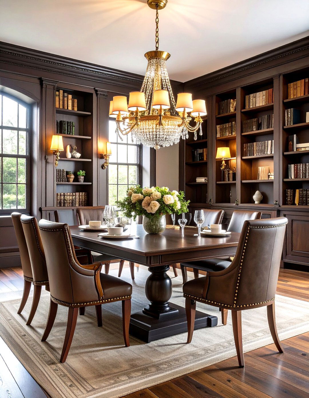 Traditional Dark Wood Library Dining Room Design - 20 Library Dining Room Combo Ideas