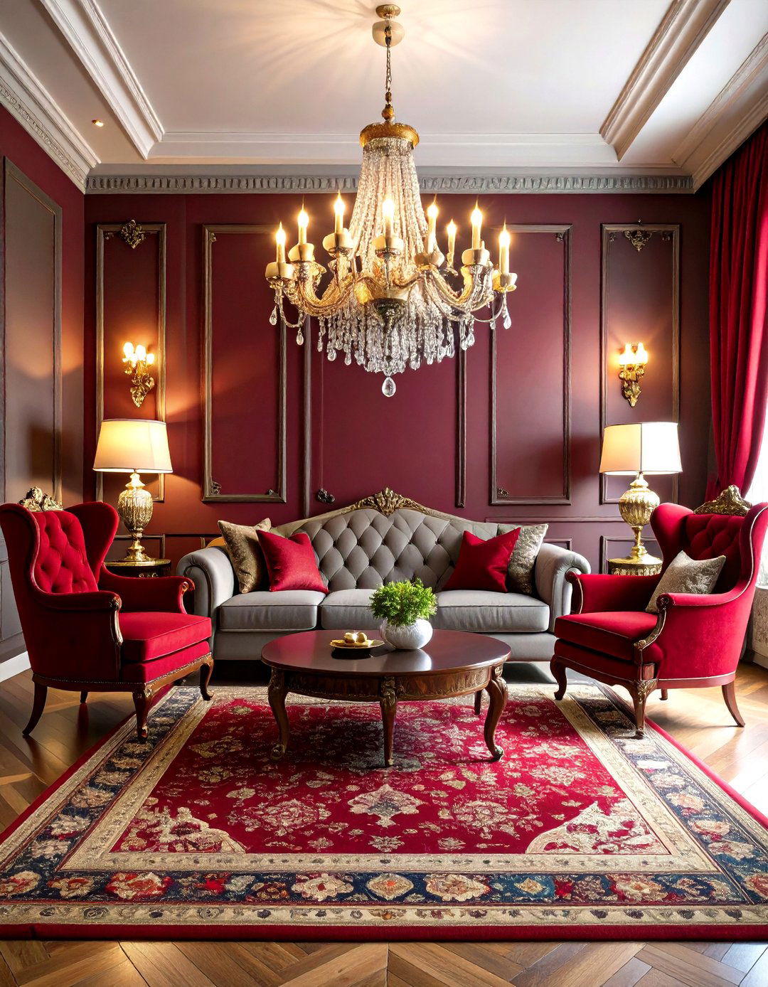 Traditional Elegant Red and Grey Living Room with Classic Furnishings - 20 Red and Grey Living Room Ideas
