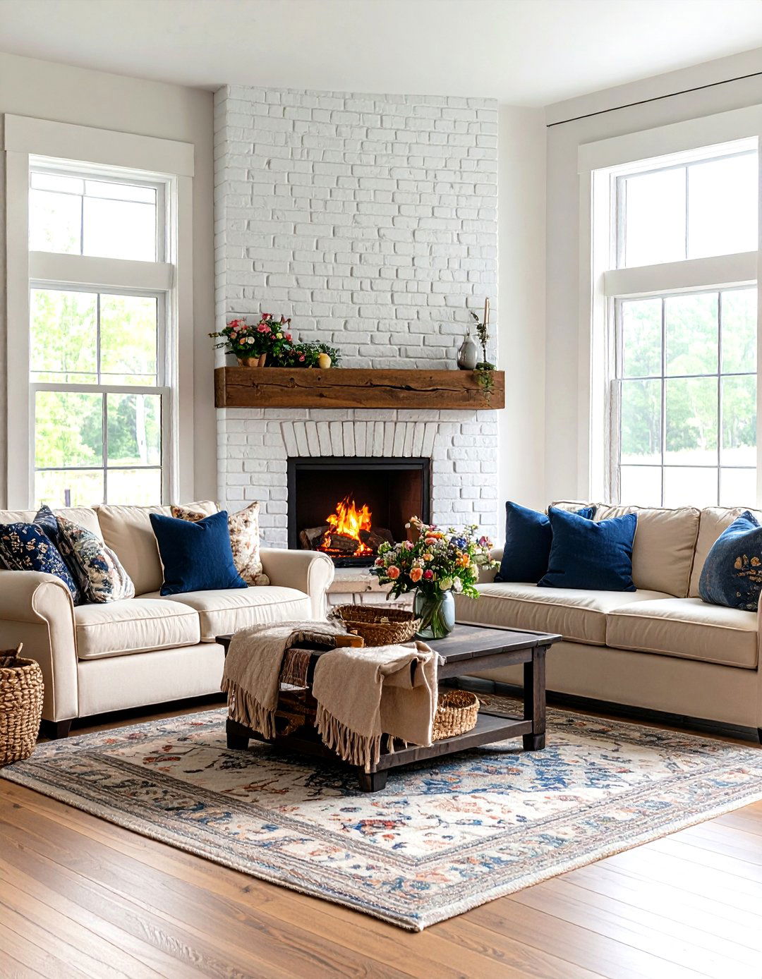 Traditional Farmhouse Rustic Living Room With a Brick Fireplace - 20 Rustic Living Room With a Brick Fireplace Ideas