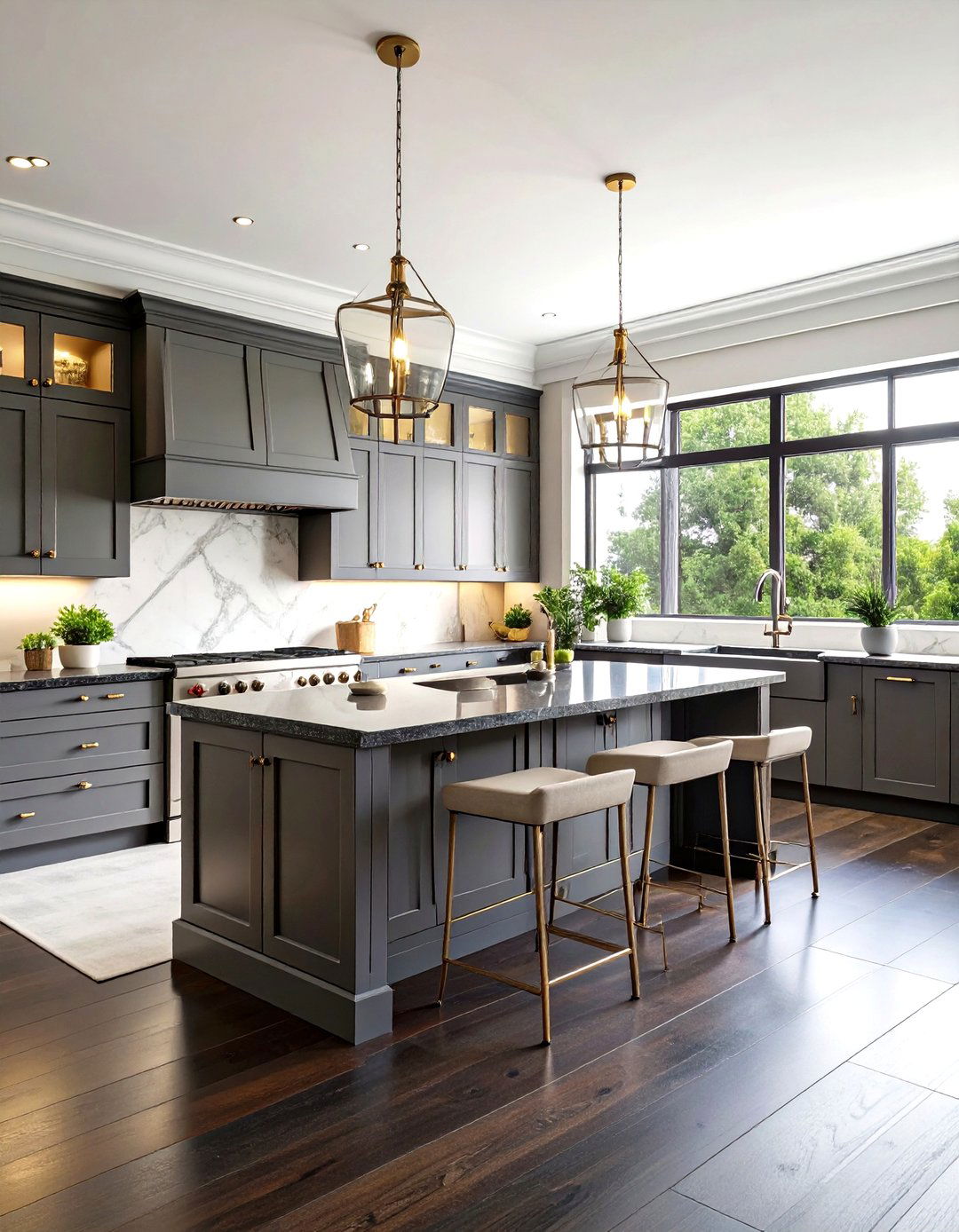 Traditional Gray Cabinets and Black Countertops with Marble Accents - 20 Kitchen With Gray Cabinets And Black Countertops Ideas