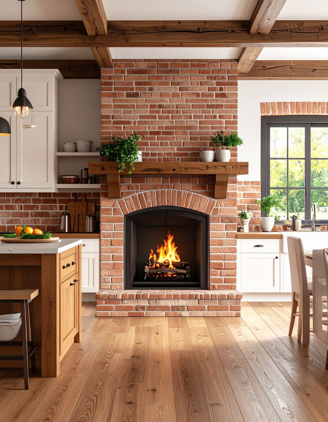 Traditional Kitchen Fireplace With Brick Surround - 20 Kitchens With Fireplaces
