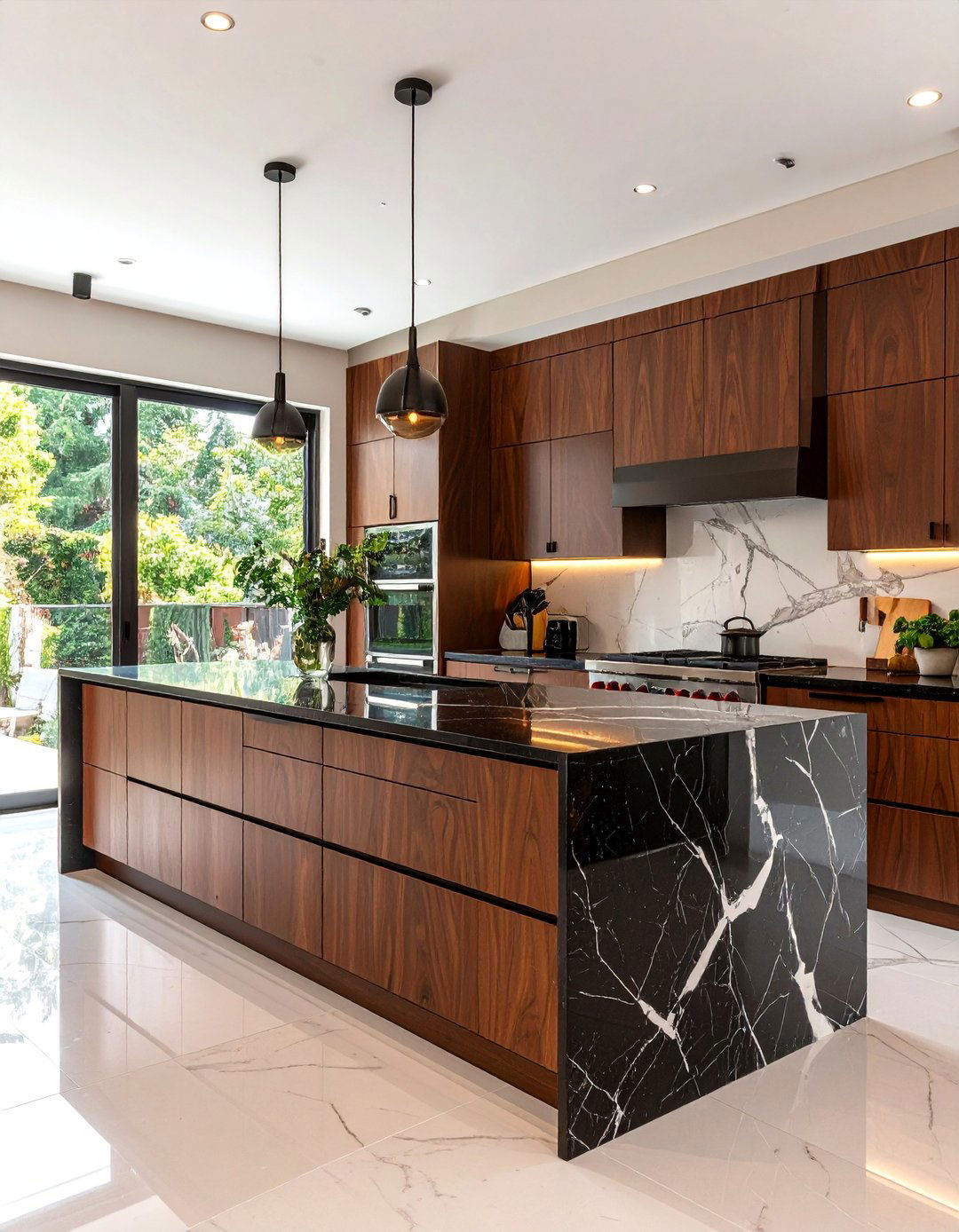 Traditional Kitchen with Raised Panel Brown Cabinets and Black Leathered Granite - 20 kitchen with brown cabinets and black countertops ideas