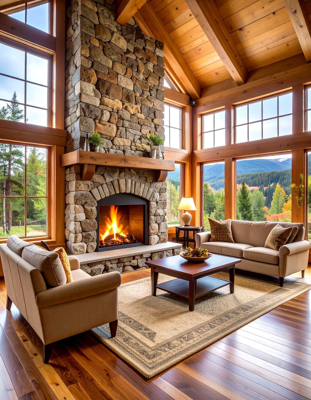 Traditional Log Cabin Fireplace with Raised Hearth - 20 Cabin Fireplace Ideas