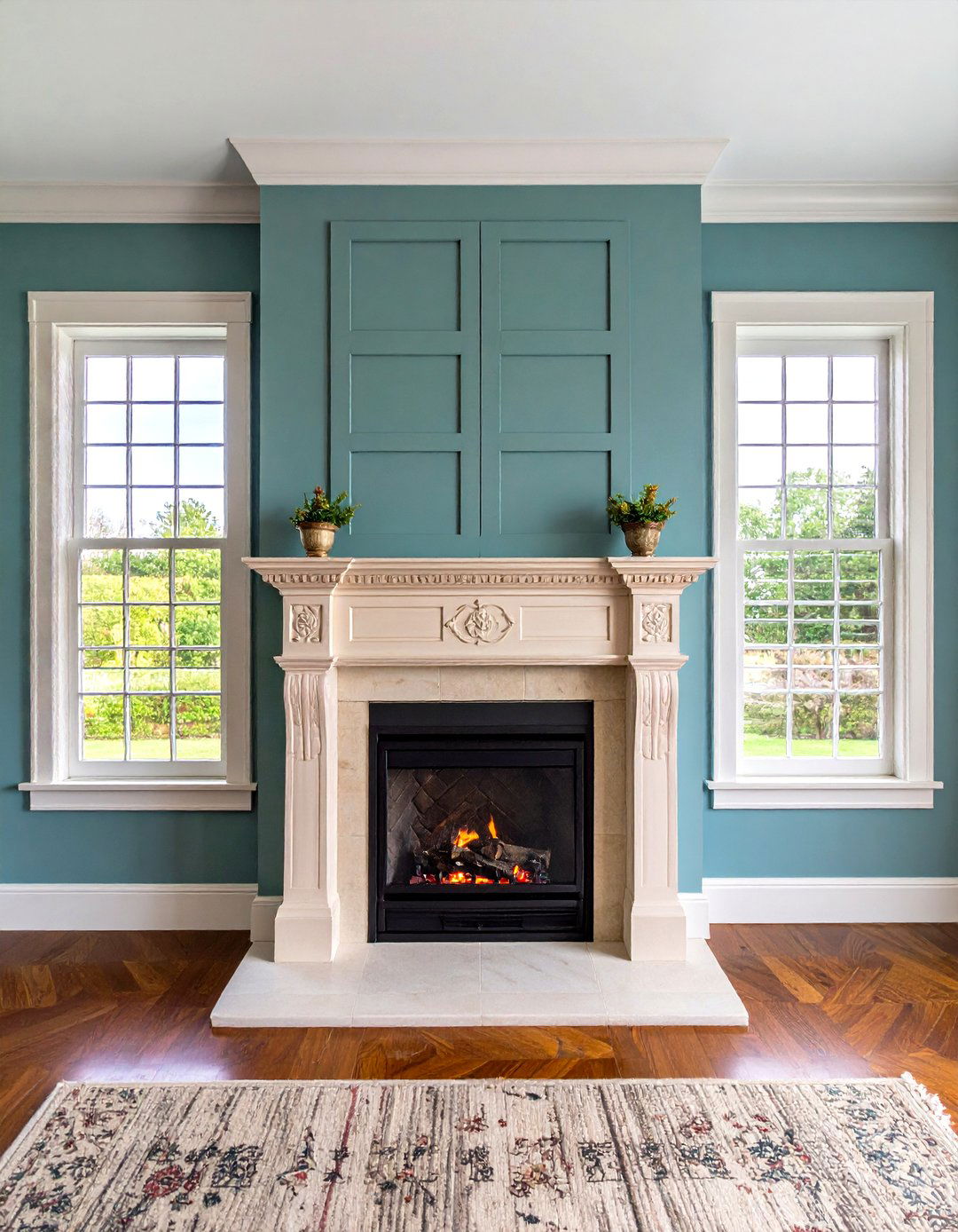 Traditional Mantel with Shuttered Windows - 20 Fireplace Between Windows Ideas