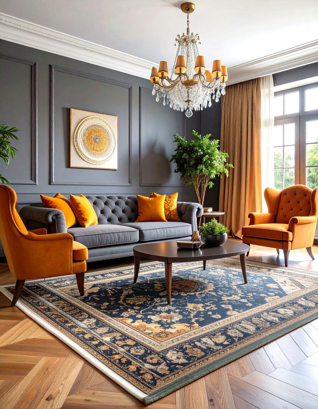 Traditional Orange and Grey Living Room with Classic Furniture - 20 Orange and Grey Living Room Ideas